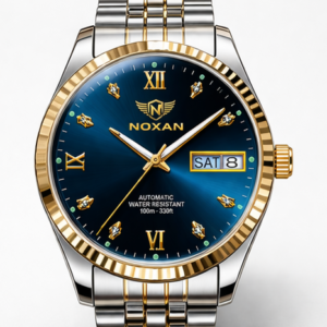 Noxan Gold Fashion Casual Luxury Quartz Watches for Male Dual Calendar Week Display Reloj Business Stainless Steel Watch
