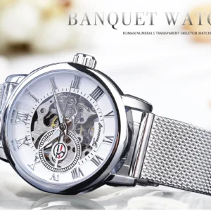 Forsining Fashion Women's Luxury Rose Golden Mechanical Watch Roman Numerals Transparent Watches Stainless Steel Clock